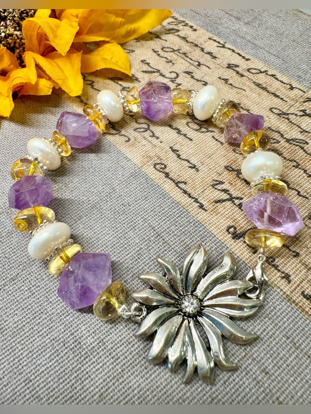 New Natural Rustic Amethyst, Citrine, Pearls Cuff Bracelet w/ Flower Clasp